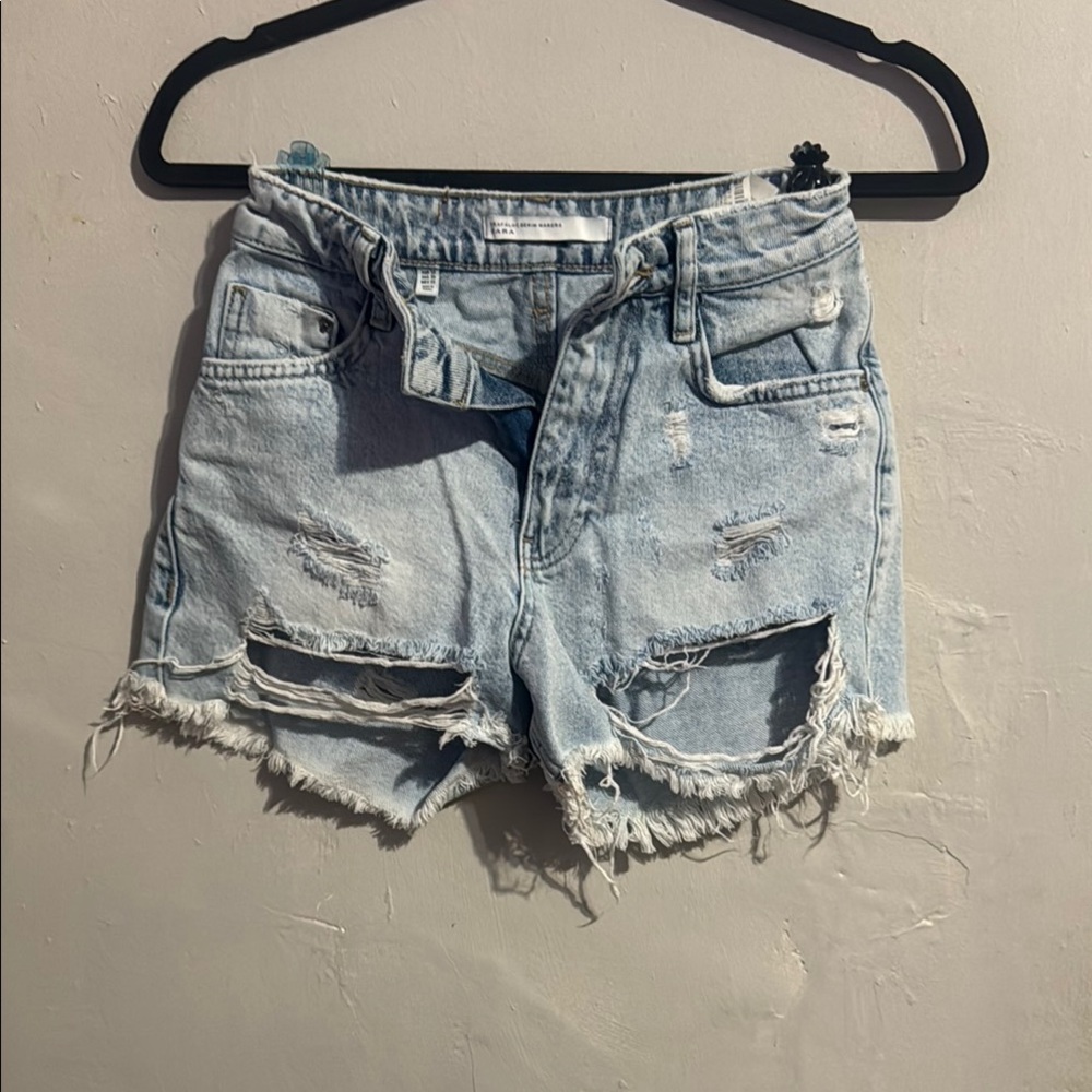Zara Blue Jean Shorts Distressed Raw Hem